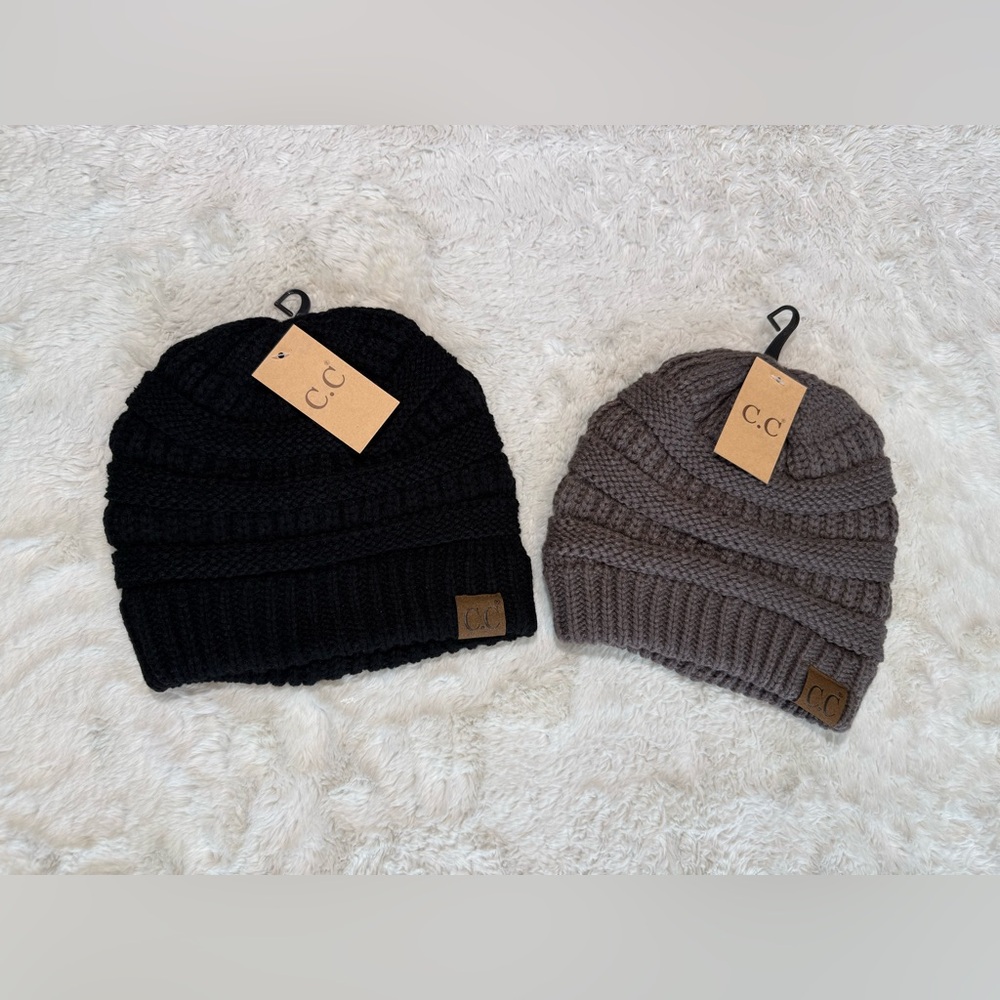 NWT- 2 C.C Cheveux Corp. Classic fit cable knit beanies, black & dk gray